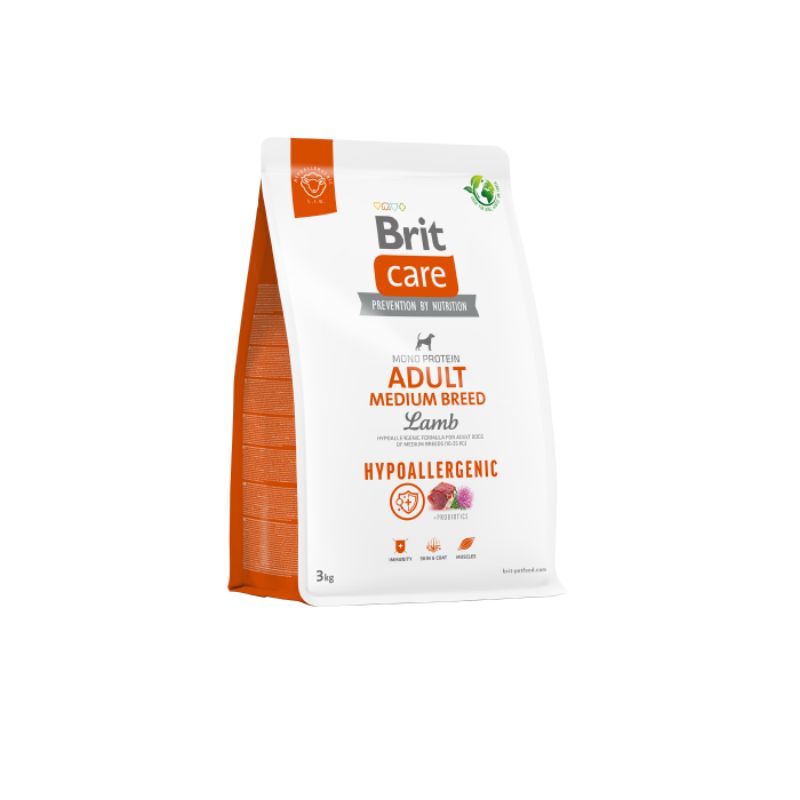 Brit Care Cordero Brit Care Cordero Raza Mediana es una fórmula hipoalergénica para perros adultos de razas medianas (10 a 25 kg). Fórmula hipoalergénica para perros adultos de razas medianas (10 a 25 kg). Alimento hipoalergénico Super Premium con una única fuente de proteína animal para la prevención de reacciones alérgicas. Ideal para perros adultos de razas medianas con demanda energética normal.