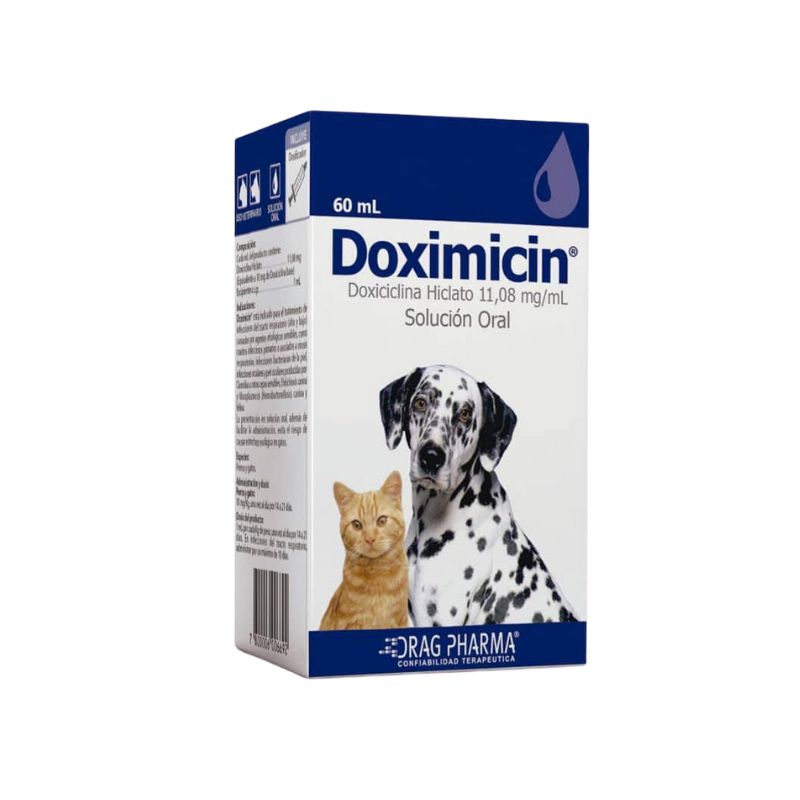 Doximicin Jarabe Doximicin Jarabe es un potente antibiótico de amplio espectro diseñado específicamente para tratar diversas infecciones bacterianas en perros y gatos. Este medicamento es ideal para abordar infecciones causadas por una amplia gama de patógenos, gracias a su efectiva formulación en solución oral. Doximicin Jarabe contiene Doxiciclina Hiclato, una sustancia que actúa inhibiendo el crecimiento de bacterias patógenas, ayudando a recuperar la salud de tus mascotas de manera eficiente y segura.