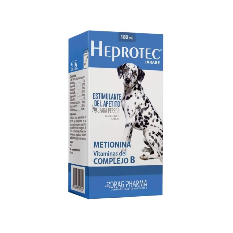 Heprotec Heprotec es un jarabe formulado específicamente para estimular el apetito en perros y actuar como coadyuvante en el tratamiento de deficiencias nutricionales y metabólicas. Heprotec es ideal para abordar problemas de salud relacionados con deficiencias hepáticas, toxicosis, y efectos secundarios de tratamientos antibióticos. Gracias a su combinación única de metionina y vitaminas del complejo B, Heprotec apoya la salud general de tu mascota y mejora su bienestar.