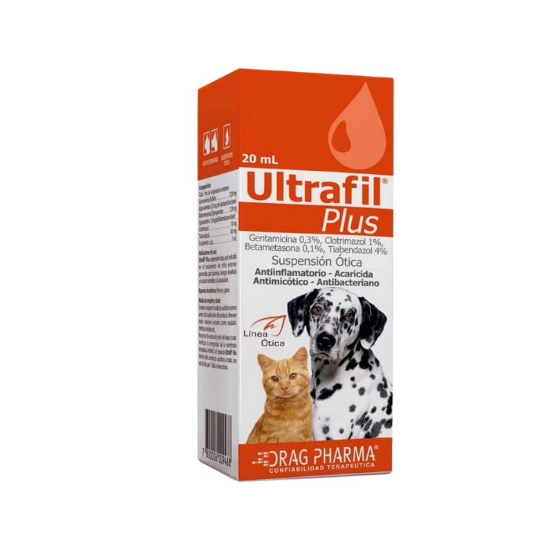 Ultrafil Ultrafil Plus es una solución ótica de vanguardia diseñada para el tratamiento de otitis externas en perros y gatos causadas por bacterias, hongos y ácaros. Esta suspensión ótica combina una potente mezcla de ingredientes activos para ofrecer una acción terapéutica completa, abordando las infecciones del oído con eficacia y rapidez. Ultrafil Plus es ideal para combatir infecciones otológicas generadas por diversos patógenos y proporciona un alivio integral a través de sus propiedades antibacterianas, antimicóticas, antiinflamatorias y acaricidas.
