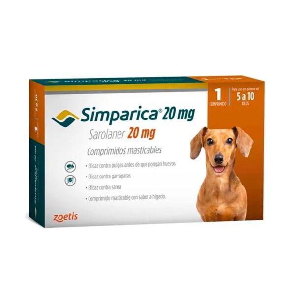 Simparica 5 a 10 KG x 1 Comprimido es una pastilla masticable para el tratamiento de pulgas, garrapatas y acaros que porducen la sarna. Ofrece una nueva e innovadora forma de controlar las pulgas y las garrapatas al proporcionar actividad inmediata y persistente durante al menos 35 días, actuando más allá del período de tratamiento mensual. Formato para perros entre 5 y 10 kilos. Con su modalidad de 1 comprimido. Podras mantener protegido a tu mascota por mas tiempo y sin pagar de mas. Comprimidos masticables! Acción rápida por hasta 35 días! Simparica tiene una notoria eficacia sostenida y prolongada por hasta 35 días, reduciendo el riesgo de falla de administración mensual.