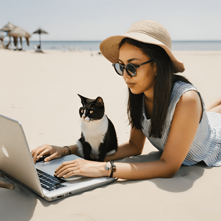 Mujer trabajando en su portátil en la playa con su gato