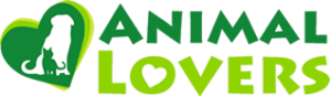 Logotipo de 'ANIMAL LOVERS' con corazón y silueta de perro y gato