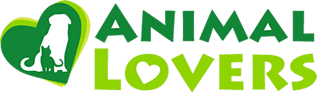 Logotipo de 'ANIMAL LOVERS' con corazón y silueta de perro y gato