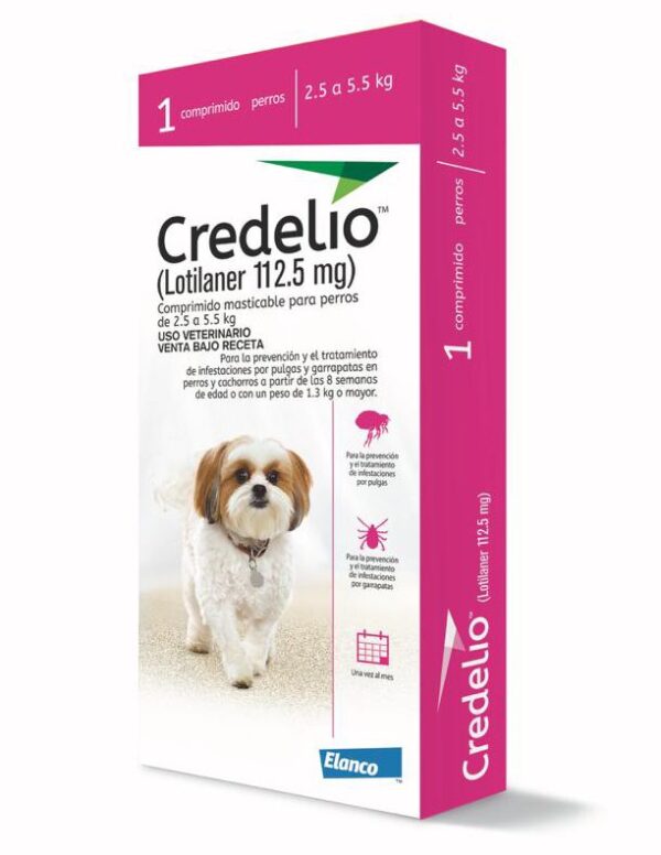 Credelio Perros 2.5-5.5 KG (lotilaner) es un antiparasitario indicado para perros y cachorros de 2,5 a 5,5 kg. Es un pequeño y sabroso comprimido masticable, de fácil administración que actúa muy rápido y protege a los cachorros y perros de las garrapatas y pulgas. Administrar mensualmente junto con las comidas o en los 30 minutos posteriores a la alimentación. Credelio comienza a eliminar garrapatas en solo 4 horas y pulgas en 2 horas. Caja de 1 o 3 comprimidos. Consulte a su veterinario antes de administrar este antiparasitario a su perro.