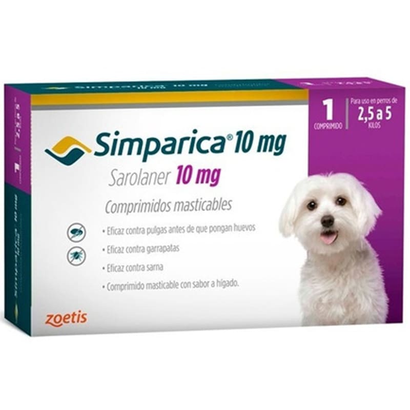 Simparica-2-5-a-5-KG.jpg Simparica 2.5 a 5 KG 1 Comprimidos es una pastilla masticable para el tratamiento de pulgas, garrapatas y acaros que porducen la sarna. Ofrece una nueva e innovadora forma de controlar las pulgas y las garrapatas al proporcionar actividad inmediata y persistente durante al menos 35 días, actuando más allá del período de tratamiento mensual. Formato para perros entre 2.5 y 5 kilos. Con su modalidad de 1 comprimido. Podras mantener protegido a tu mascota por mas tiempo y sin pagar de mas. Comprimidos masticables! Acción rápida por hasta 35 días! Simparica tiene una notoria eficacia sostenida y prolongada por hasta 35 días, reduciendo el riesgo de falla de administración mensual