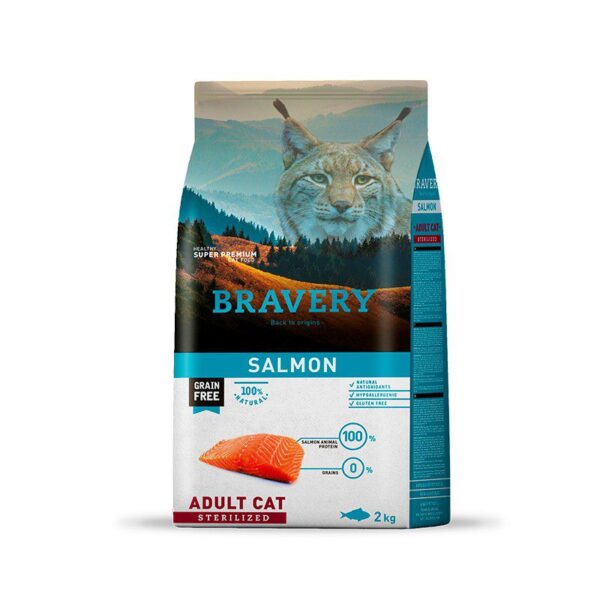 Bravery Salmon Adult Cat Sterilized es un alimento para gatos adultos esterilizados. Libres de grano y cereales, los alimentos Bravery son mono proteicos, con carne siempre como primer ingrediente y enriquecidos con antioxidantes, hipoalergénicos y 100% naturales. Receta con salmón, de alto valor biológico cuyo aceite es rico en ácidos grasos omega-3, especialmente EPA y DHA.