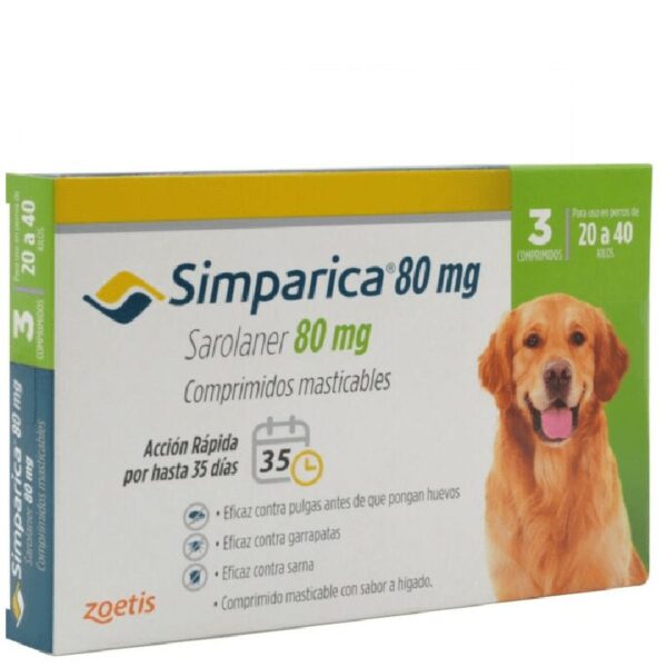 Simparica para Perros 20 a 40 KG 3 Comprimidos es una pastilla masticable para el tratamiento de pulgas, garrapatas y acaros que porducen la sarna. Ofrece una nueva e innovadora forma de controlar las pulgas y las garrapatas al proporcionar actividad inmediata y persistente durante al menos 35 días, actuando más allá del período de tratamiento mensual.