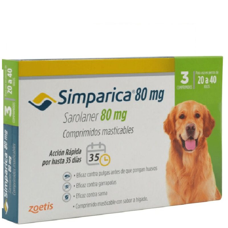simpajpg-1.jpg Simparica para Perros 20 a 40 KG 3 Comprimidos es una pastilla masticable para el tratamiento de pulgas, garrapatas y acaros que porducen la sarna. Ofrece una nueva e innovadora forma de controlar las pulgas y las garrapatas al proporcionar actividad inmediata y persistente durante al menos 35 días, actuando más allá del período de tratamiento mensual.