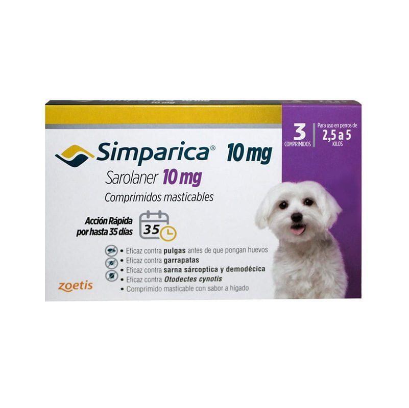 simparica-3-comp-5-kg-1.jpg Simparica para Perros 2.5 a 5 KG 3 Comprimidos es una pastilla masticable para el tratamiento de pulgas, garrapatas y acaros que porducen la sarna. Ofrece una nueva e innovadora forma de controlar las pulgas y las garrapatas al proporcionar actividad inmediata y persistente durante al menos 35 días, actuando más allá del período de tratamiento mensual. Formato para perros entre 2.5 y 5 kilos. Con su modalidad de 3 comprimos podras mantener protegido a tu mascota por mas tiempo y sin pagar de mas. Comprimidos masticables! Acción rápida por hasta 35 días! Simparica tiene una notoria eficacia sostenida y prolongada por hasta 35 días, reduciendo el riesgo de falla de administración mensual.