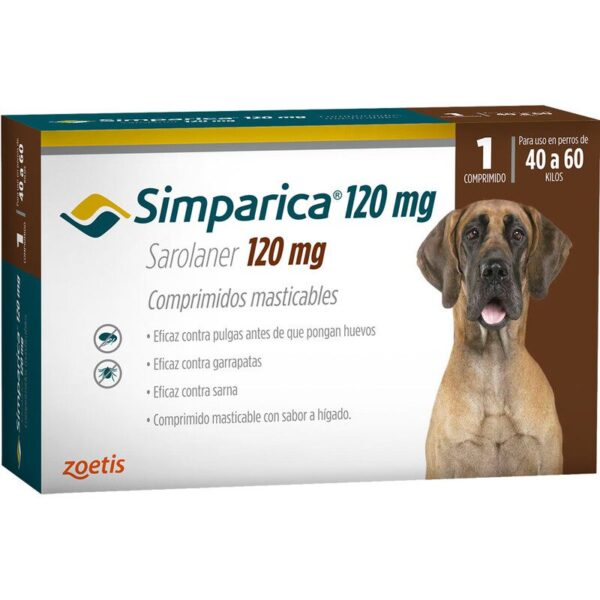 Simparica Perro 40 a 60 KG 1 Comprimido es una pastilla masticable para el tratamiento de pulgas, garrapatas y acaros que porducen la sarna. Ofrece una nueva e innovadora forma de controlar las pulgas y las garrapatas al proporcionar actividad inmediata y persistente durante al menos 35 días, actuando más allá del período de tratamiento mensual. Formato para perros entre 40 y 60 kilos. Con su modalidad de 1 comprimido. Podras mantener protegido a tu mascota por mas tiempo y sin pagar de mas. Comprimidos masticables! Acción rápida por hasta 35 días! Simparica tiene una notoria eficacia sostenida y prolongada por hasta 35 días, reduciendo el riesgo de falla de administración mensual.