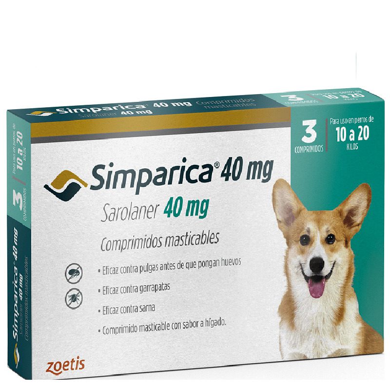 Simparica 10 a 20 KG 3 Comprimidos es una pastilla masticable para el tratamiento de pulgas, garrapatas y acaros que porducen la sarna. Ofrece una nueva e innovadora forma de controlar las pulgas y las garrapatas al proporcionar actividad inmediata y persistente durante al menos 35 días, actuando más allá del período de tratamiento mensual. Formato para perros entre 10 y 20 kilos. Con su modalidad de 3 comprimos podras mantener protegido a tu mascota por mas tiempo y sin pagar de mas. Comprimidos masticables! Acción rápida por hasta 35 días! Simparica tiene una notoria eficacia sostenida y prolongada por hasta 35 días, reduciendo el riesgo de falla de administración mensual.