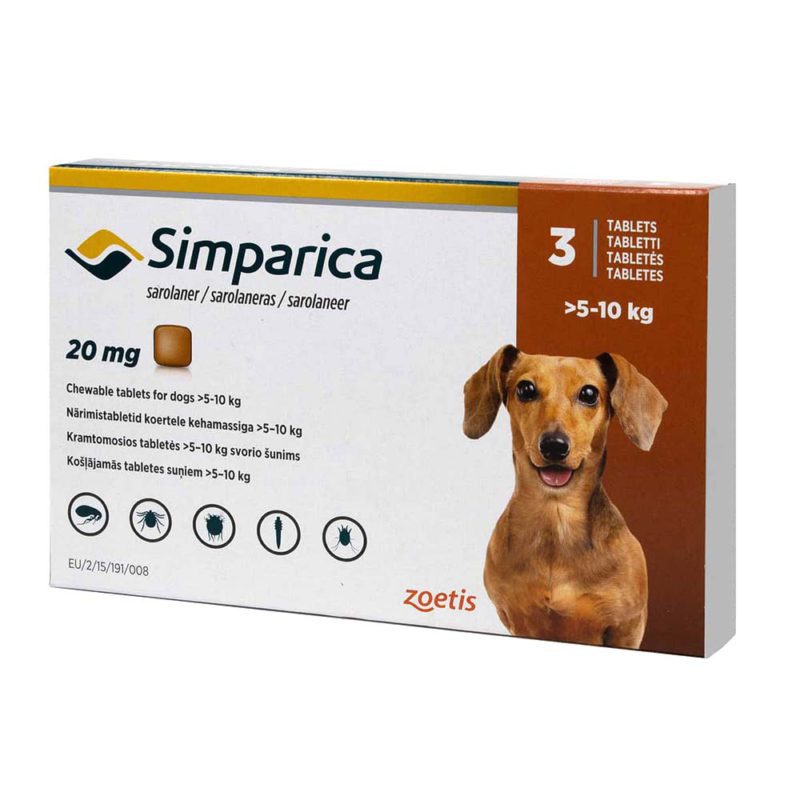 simparica-para-perros-5-a-10-kg.jpg Simparica 5 a 10 kg 3 Comprimidos es una pastilla masticable para el tratamiento de pulgas, garrapatas y acaros que porducen la sarna. Ofrece una nueva e innovadora forma de controlar las pulgas y las garrapatas al proporcionar actividad inmediata y persistente durante al menos 35 días, actuando más allá del período de tratamiento mensual. Formato para perros entre 5 y 10 kilos. Con su modalidad de 3 comprimos podras mantener protegido a tu mascota por mas tiempo y sin pagar de mas. Comprimidos masticables! Acción rápida por hasta 35 días! Simparica tiene una notoria eficacia sostenida y prolongada por hasta 35 días, reduciendo el riesgo de falla de administración mensual.