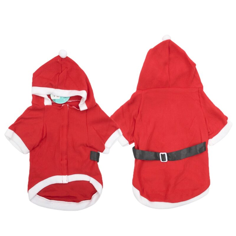 Disfraz-de-navidad-perro-gato "Dale a tu peludo amigo el look del Viejo Pascuero con nuestro traje de Navidad. Con cinturón negro y gorrito, este atuendo festivo en tallas S, M, L y XL hará que tu mascota brille en todas las celebraciones. ??