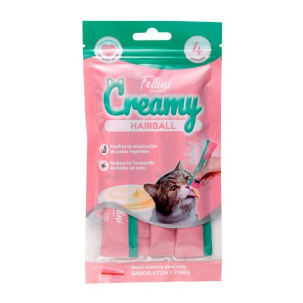 Fellini Cremy Hairball es un snack funcional de Atún y fibra, premia a tu felino mientras cuidas su salud.