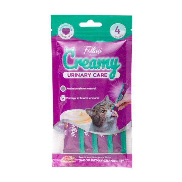 Snack para gatos Fellini Cremy Urinary Care es un snack funcional con sabor a pato y cranberry, premia a tu felino mientras cuidas su salud