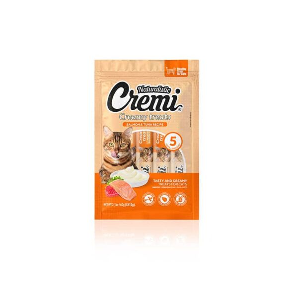 NATURALISTIC CREMI SALMÓN ATÚN es un snack cremoso para gatos de todas las edades. Elaborado con carne de salmón y atún