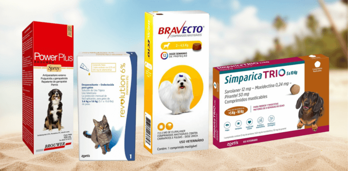 Diversos productos antiparasitarios para mascotas con promoción de precios en la playa_