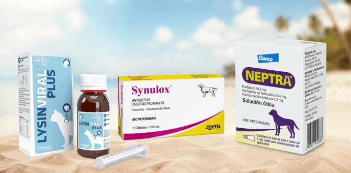Productos farmacéuticos para mascotas con el mensaje promocional en una playa de fondo_