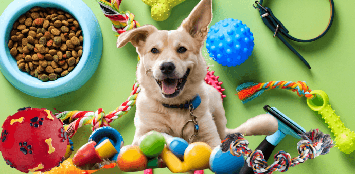 Perro alegre rodeado de juguetes coloridos en el césped con texto promocional de juguetes para perros