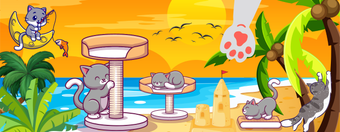 Banner colorido de verano con la palabra RASCADORES en la parte superior. Dice 'NADA MÁS DIVERTIDO PARA TU MICHI QUE UN ARBOLITO PARA DISFRUTAR' con una ilustración de un gato gris jugando con un rascador de gato y otro gato atigrado estirándose en un árbol de palmera en una playa tropical.