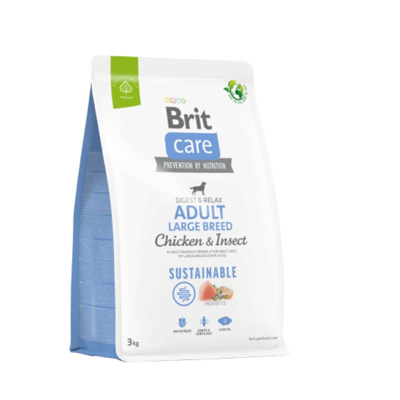 Britinsectorazagrande BRIT INSECTO POLLO ADULT LARGE BREED 3 KG para Perros Razas Grandes es un alimento superpremium, sostenible y ecológico para una digestión saludable, reducción del estrés, mejora de la condición física y apoyo inmunitario. ideal para perros adultos de razas grandes con demandas energéticas normales. contiene proteínas de fácil digestión y valor nutricional con aminoácidos completos para un excelente tono muscular y tejidos saludables. la fórmula sin gluten es adecuada para todos los perros sin riesgo de aumento de peso. un alimento ecológico a base de proteínas e ingredientes sostenibles con un 35% menor de impacto en el medio ambiente.