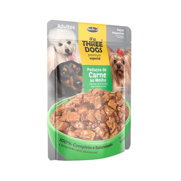 Sachet Three Dogs para Perros Razas Pequeñas es un alimento 100% completo, equilibrado y bajo en sodio que promueve la salud de las mascotas. El sabor carne en salsa, es cocinado al vapor, muy sabroso, la opción perfecta para su perro. Todo para que disfrute de una comida segura, completa y saludable.