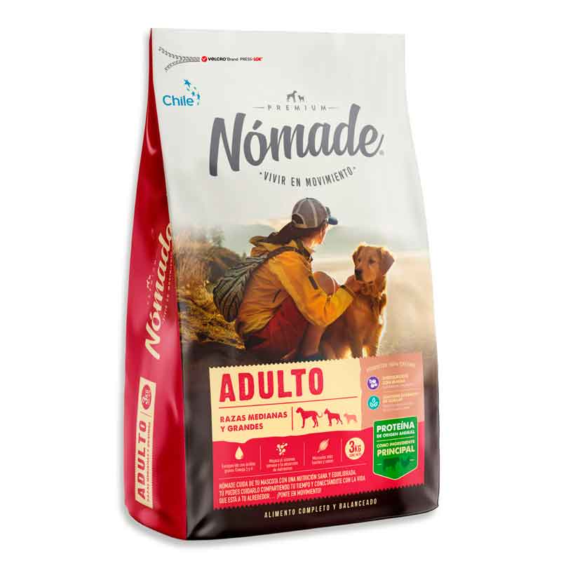 Nomade-adulto-20-kg Nomade Adulto 20 KG es un alimento premium diseñado específicamente para perros adultos de razas grandes y medianas. Este producto ha sido desarrollado por expertos en nutrición animal y excede los requerimientos nutricionales de los perros más exigentes. Proporciona una dieta equilibrada que promueve una vida plena, feliz y activa, asegurando que su mascota reciba todo lo que necesita para mantenerse saludable.