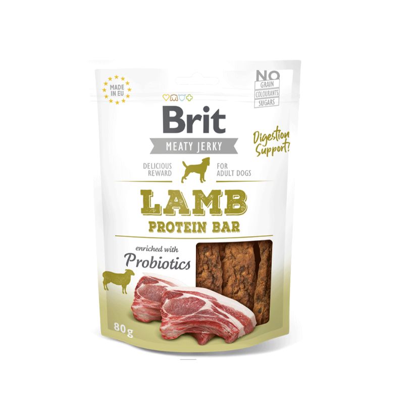 JerkyLambMeatyProteinBar Brit Jerky Snack Lamb Snack de carne seca complementario para perros adultos. Barra de proteína de cordero y pollo.