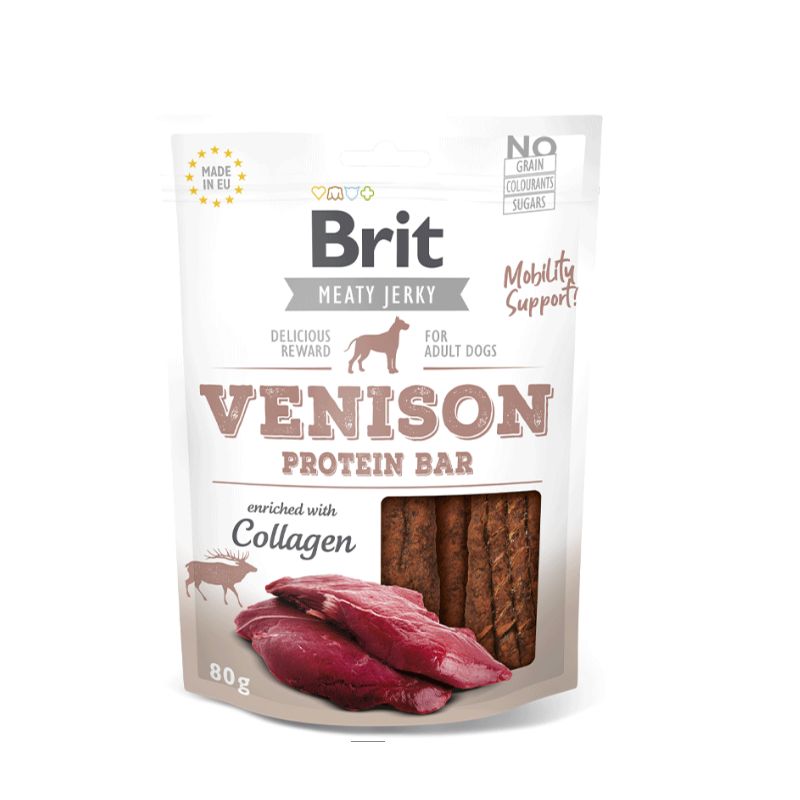 JerkyVenisonProteinBar Brit Jerky Snack Venison Protein Bar for Dogs Snack de carne seca complementario para perros adultos. Barra de proteína de venado y pollo.