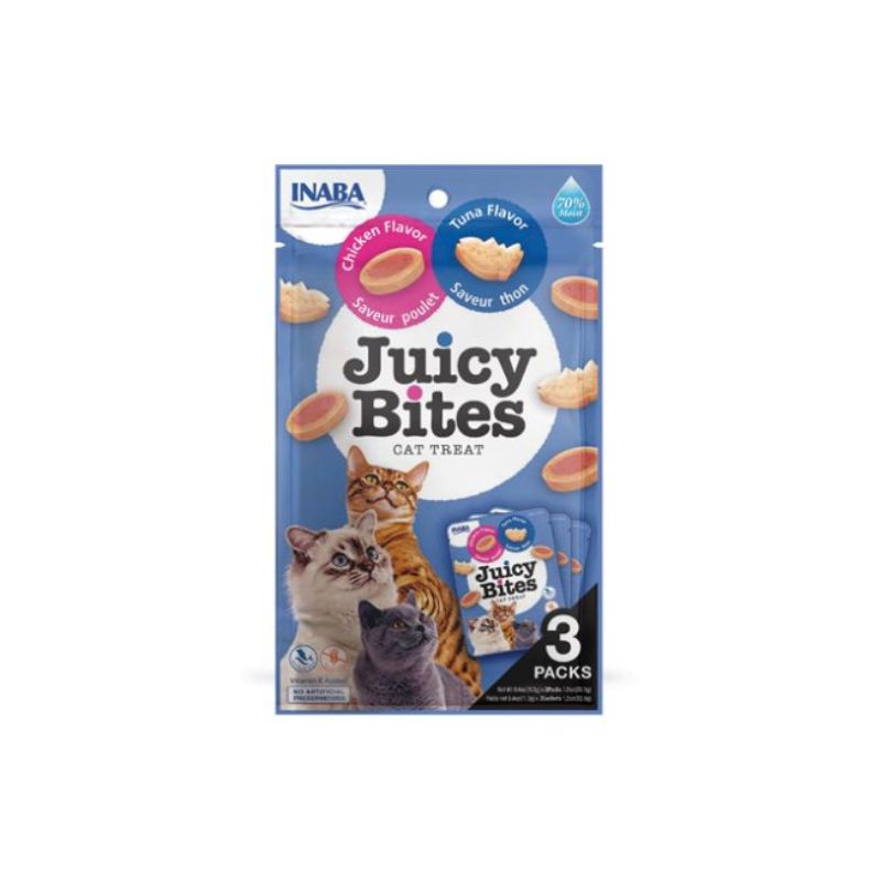 Juicy Bites Juicy Bites es la deliciosa y saludable opción que tu gato estará encantado de probar. Estos bocados jugosos están especialmente diseñados para ofrecer a tu felino una experiencia de sabor única, combinando la calidad y la nutrición que merecen.