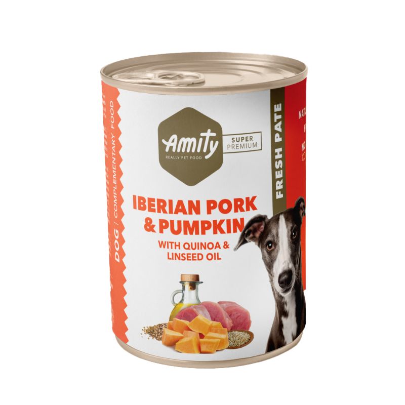 Lata Amity Cerda Iberico Zapallo Lata Amity Cerdo Iberico Calabaza es un alimento complementario húmedo para perros con carne de cerdo ibérico que es una fuente de grasa saludable debido a sus altos niveles de ácido oleico. Aporta vitaminas del grupo B y minerales como el hierro y el zinc, componentes que favorecen la vitalidad y energía del día a día.