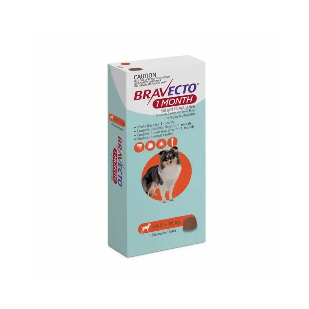 Bravecto 4.5 10 KG 1 Mes Bravecto 4.5 a 10 KG 1 Mes es un tratamiento eficaz diseñado para proteger a tu perro de infestaciones por pulgas y garrapatas. Este comprimido masticable, adecuado para perros que pesan entre 4.5 y 10 kg, ofrece una protección prolongada de hasta 37 días, asegurando la salud y bienestar de tu mascota. Con su fácil administración, Bravecto se convierte en la opción ideal para mantener a tu amigo peludo libre de parásitos y sus efectos adversos.
