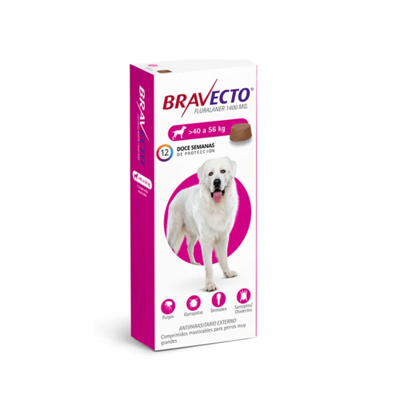 Bravecto Perros Bravecto Perros 40 a 56 KG es un comprimido masticable altamente eficaz diseñado para el tratamiento y control de pulgas y garrapatas en perros de mayor tamaño. Este producto no solo proporciona una solución rápida para infestaciones actuales, sino que también actúa como una barrera preventiva, asegurando la salud de tu mascota durante 12 semanas con un solo comprimido.