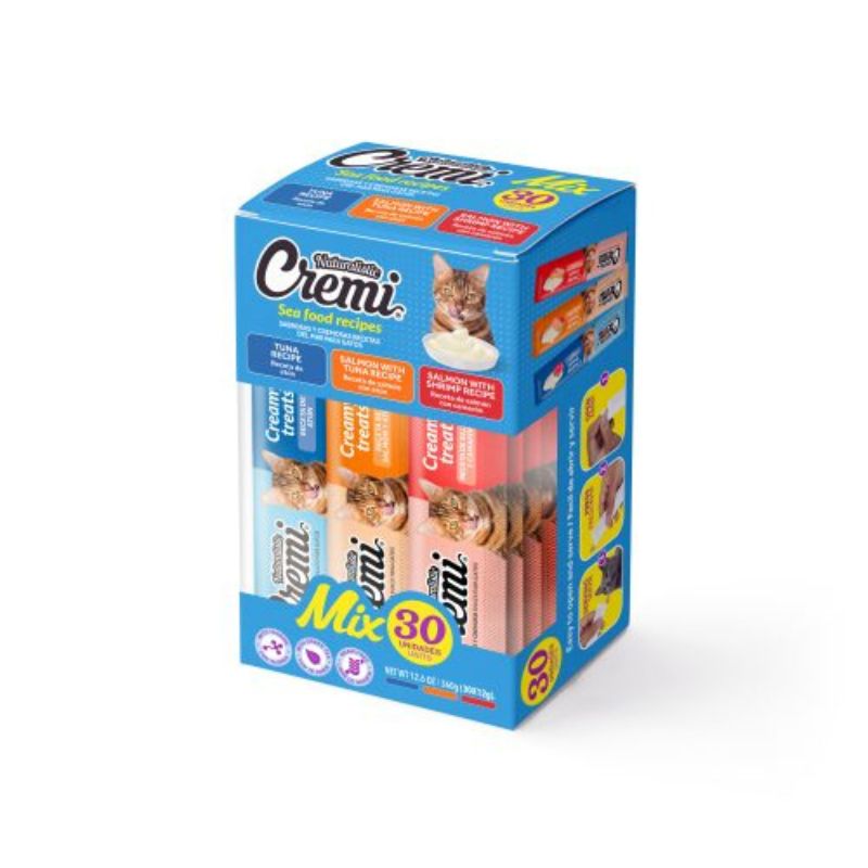 cremi-atun-mix-x30 Cremi Mix Atún x 30 es un increíble pack de 30 tubos de Cremi en un mix de sus variedades de Atún, Salmón/Atún y Salmón/Camarón . Elaborado con carne de atún, salmón y camarón, y reforzado con taurina aminoácido esencial para los gatos.